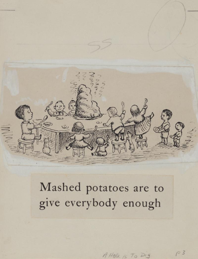A drawing of a bunch of kids sitting around a table eating mashed potatoes