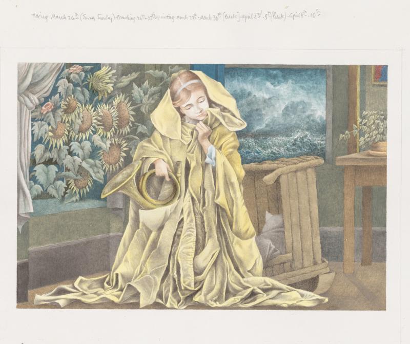 Illustration of a young cloaked girl holding a horn instrument