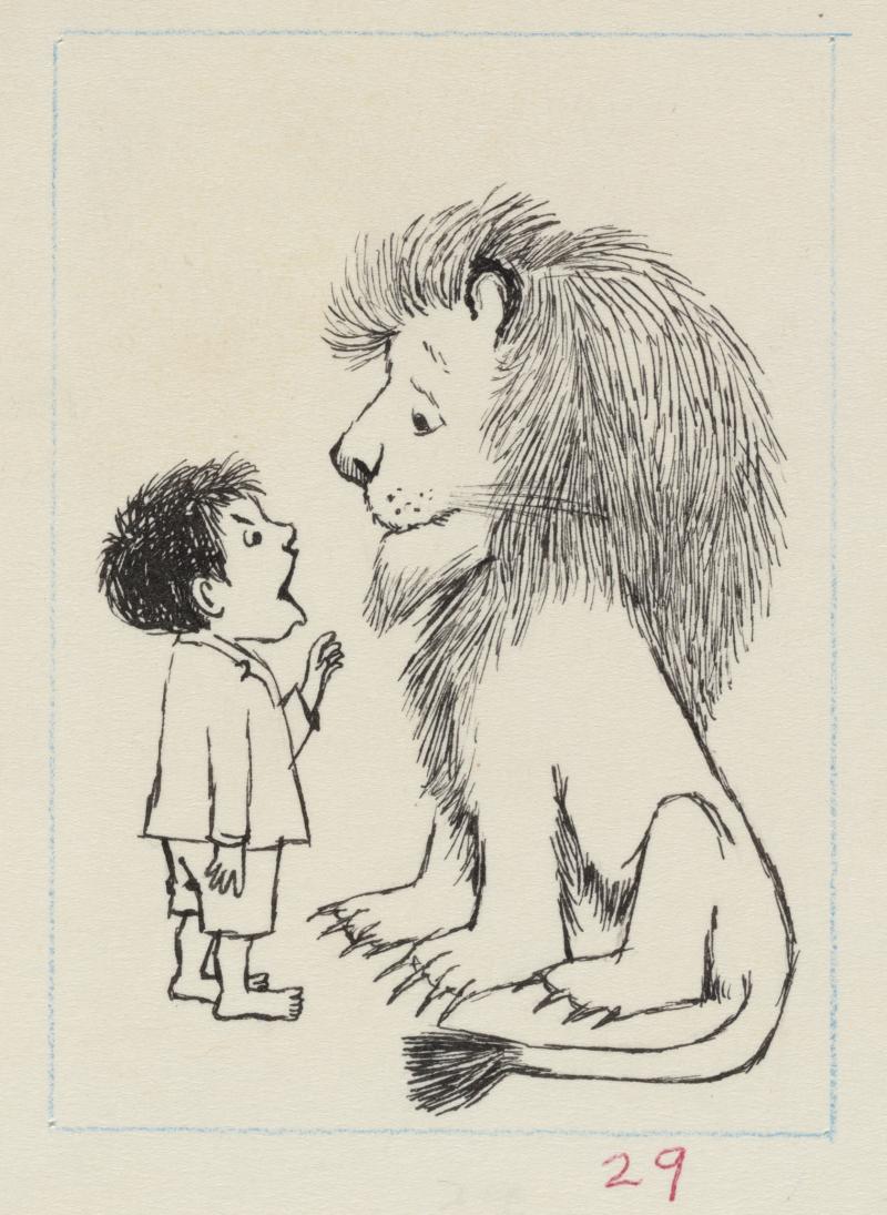 Pencil drawing of a young boy and a lion