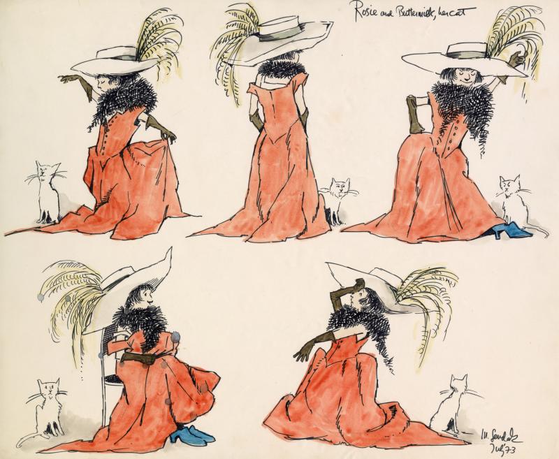 Ink drawings of a young girl playing dress-up in a red dress with her cat