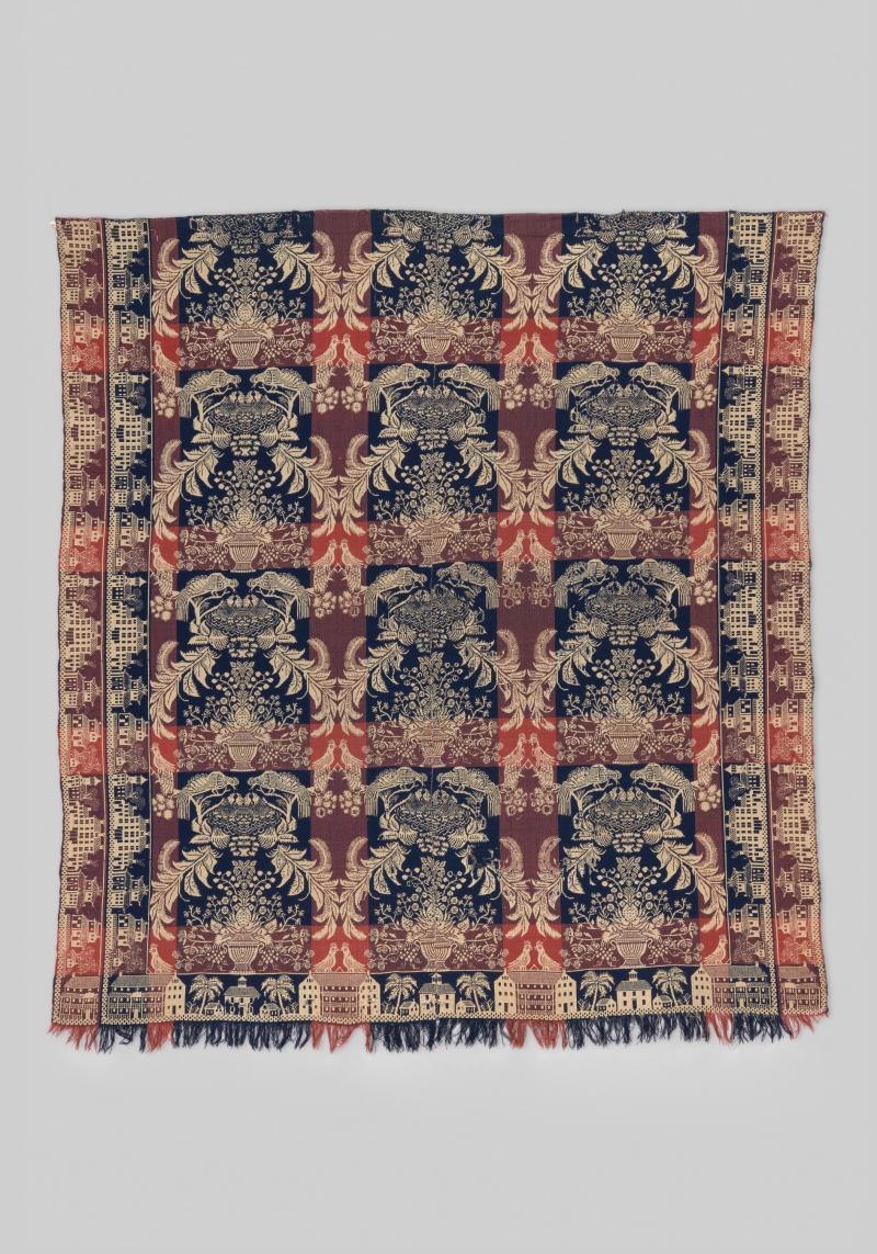 Linen and wool blanket with repeating blue floral pattern