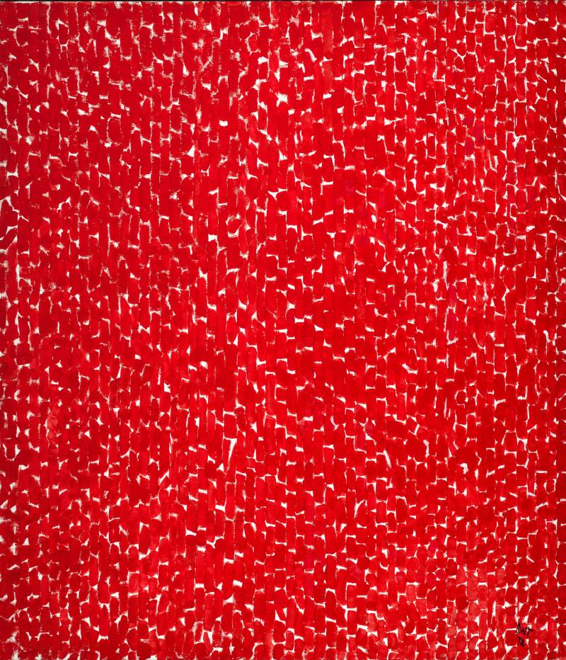 Abstract red painting with textured repeating lines