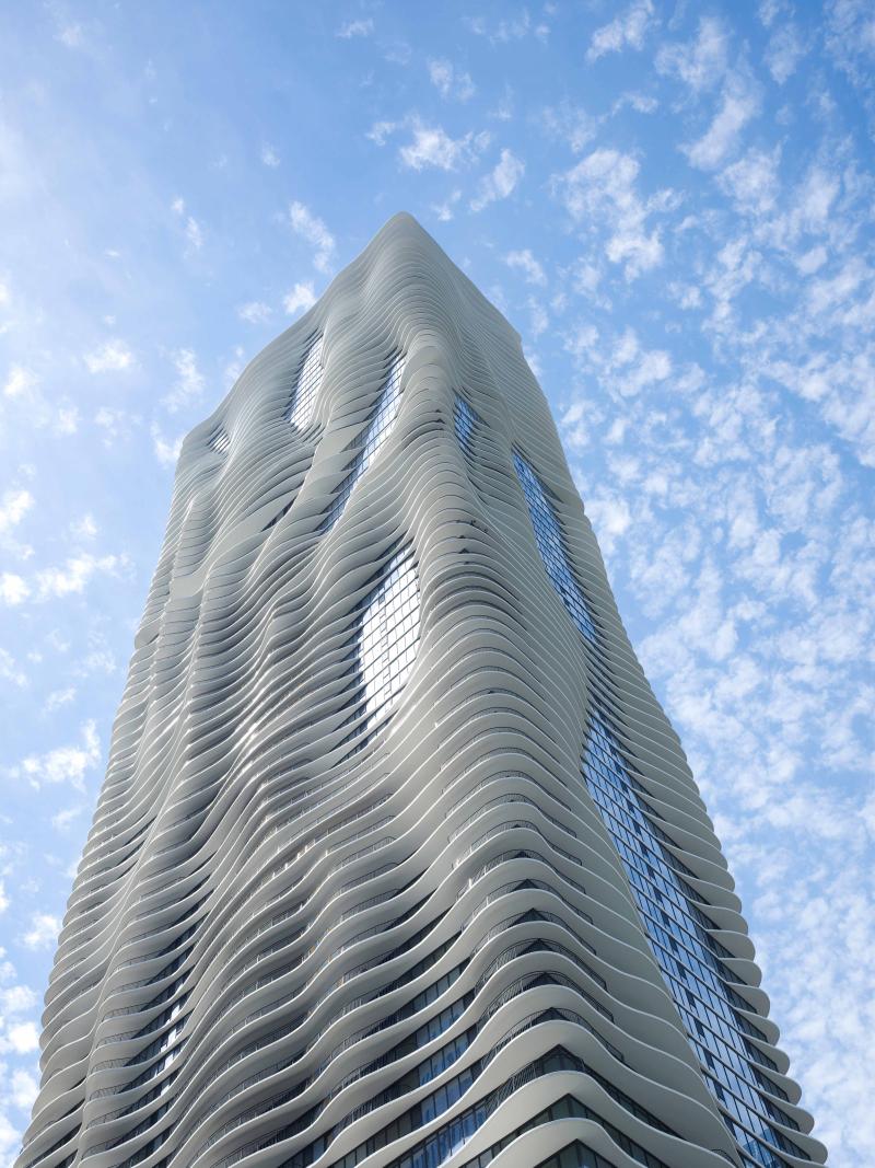 Tall ruffled skyscraper building