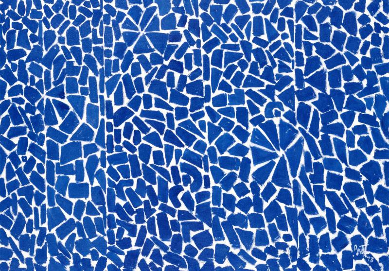 Abstract painting of a blue tiled pattern