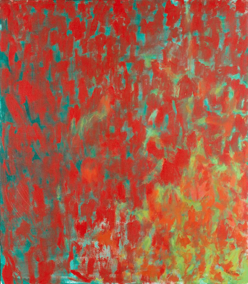 Abstract painting depicting splotches of color that resemble leaves