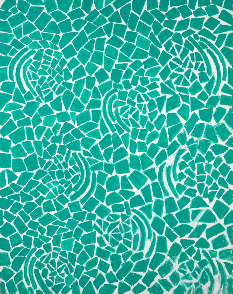 Abstract painting of swirling green tiles