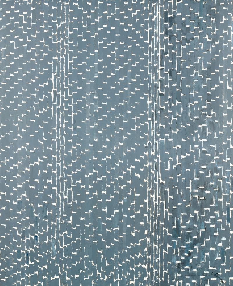 Abstract painting of a light gray background with jagged white patterned lines