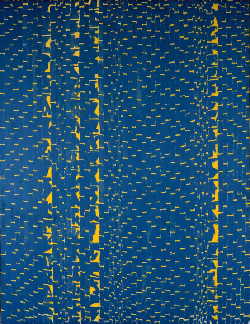 Abstrract painting with a dark blue background and repeating yellow patterned lines