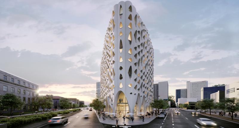 Architect rendering of a white corner building that has cheese grater-like indents