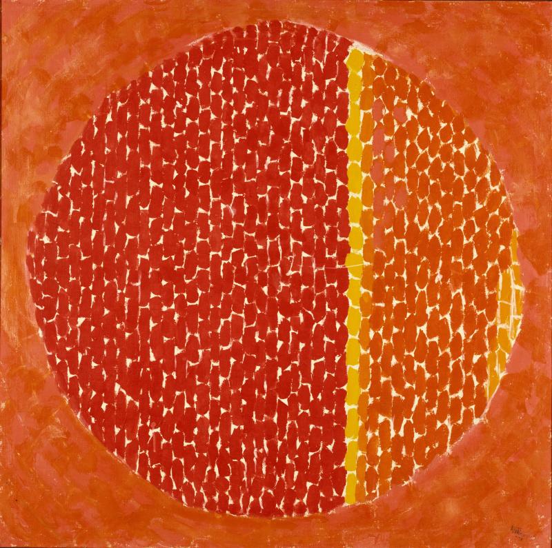 Square orange painting with a circular red and lighter orange circle in the middle