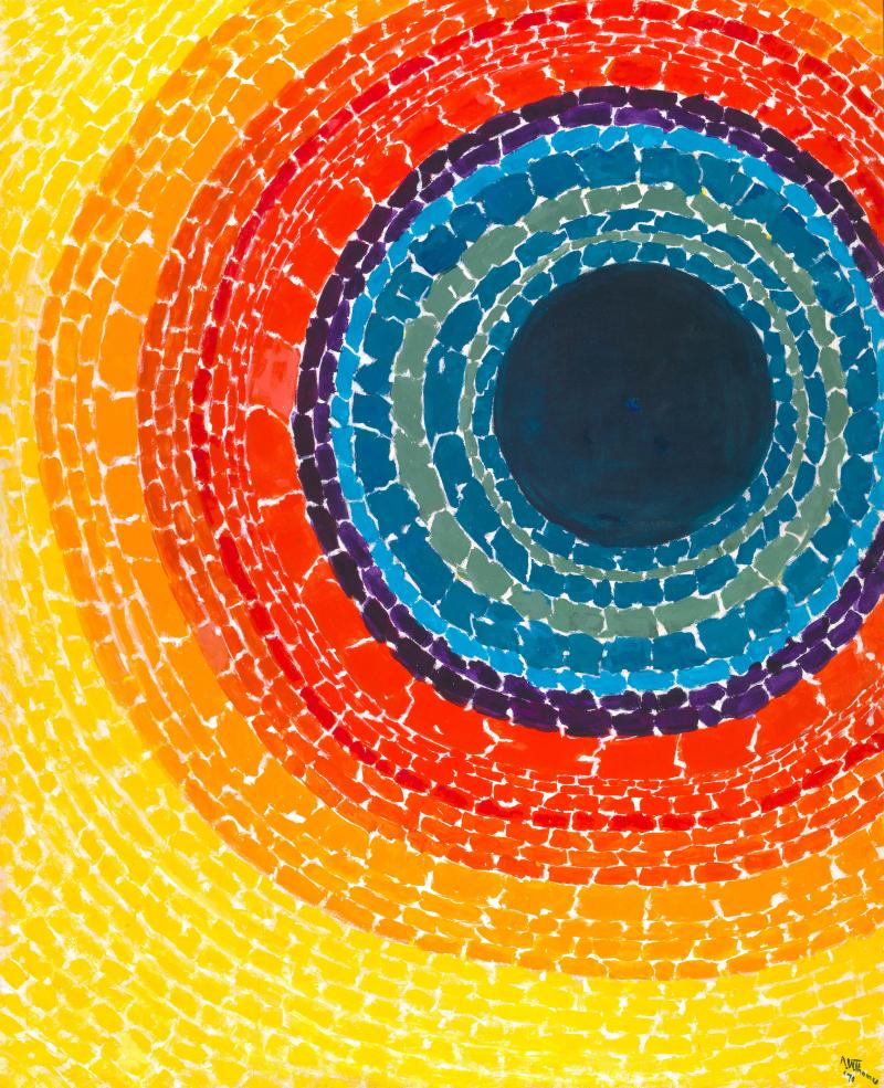 Circular colorblock painting with each layer resembling rays of the sun