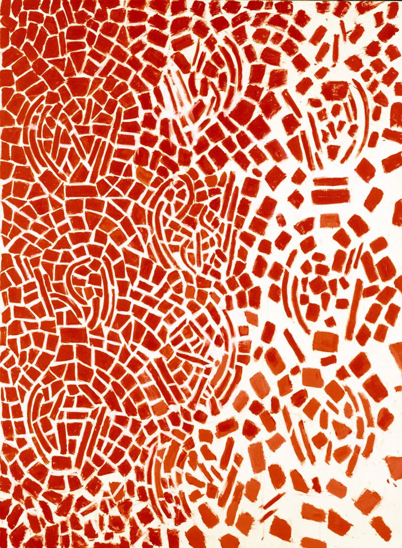 Red abstract painting of swirling tiles