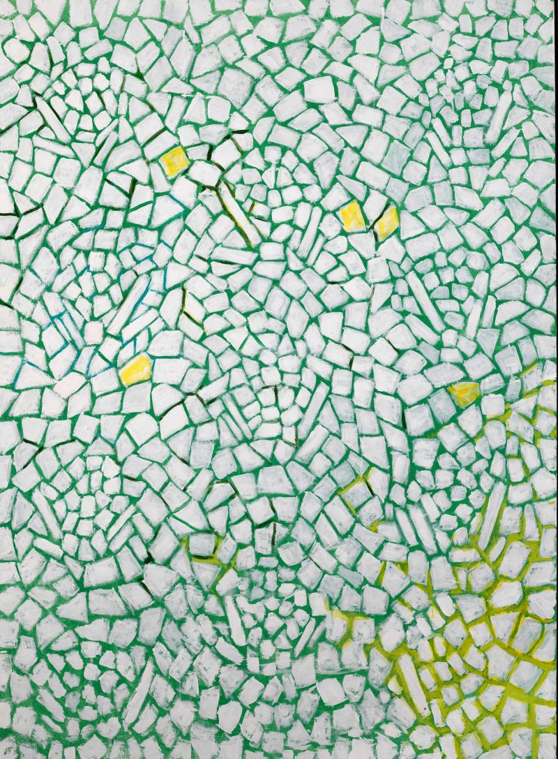 Abstract painting with light green repeating tiles