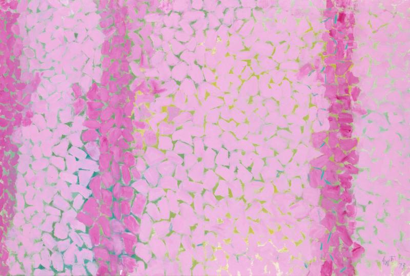 Pink abstract colorblock painting with light green webbed lines