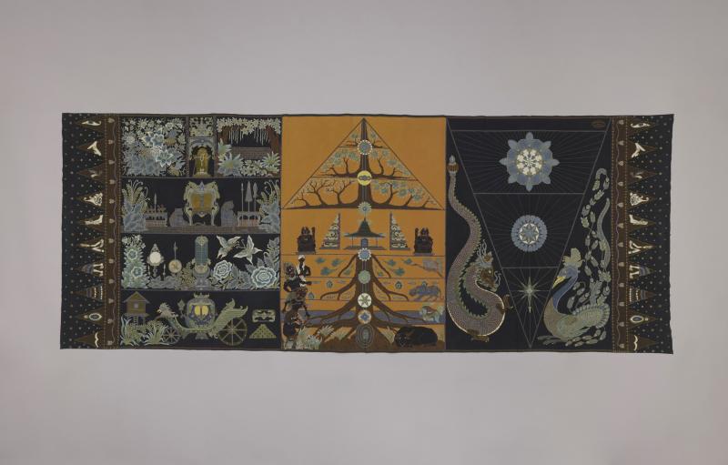 Black cotton designed cloth with panels of dragons and other iconography