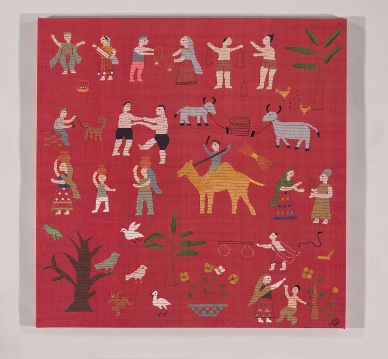 Red cloth depicting scenes of people and animals