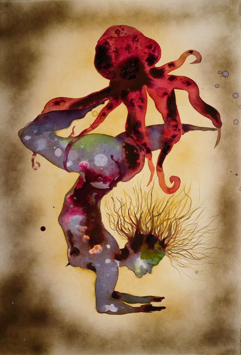 Female figure upside down with an octopus on top of her legs