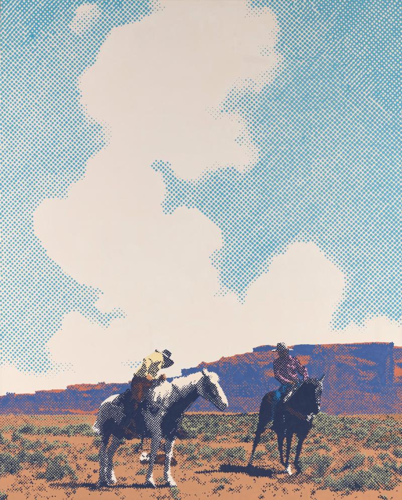 Enamel print painting of two cowboys on horseback in the desert