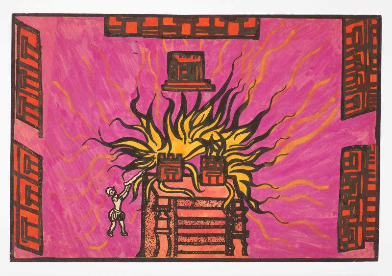 Watercolor painting of a temple on fire