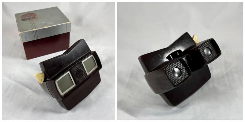 two images. on the left is a photo of the front of a black view master and its box on the right is the same view master shown from the back