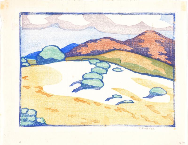 Woodblock pastel-colored painting of a scenic mountain valley in New Mexico