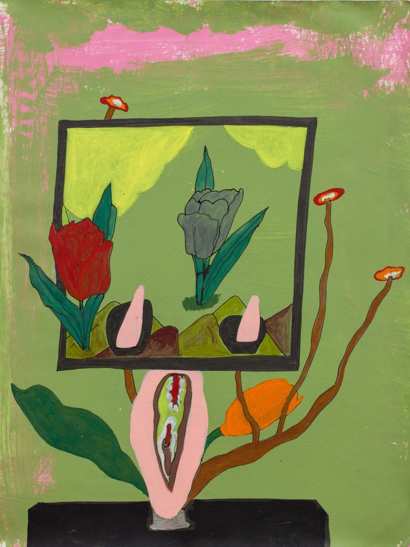 Abstract painting of a flower bouquet with leaves and petals framed to represent a picture