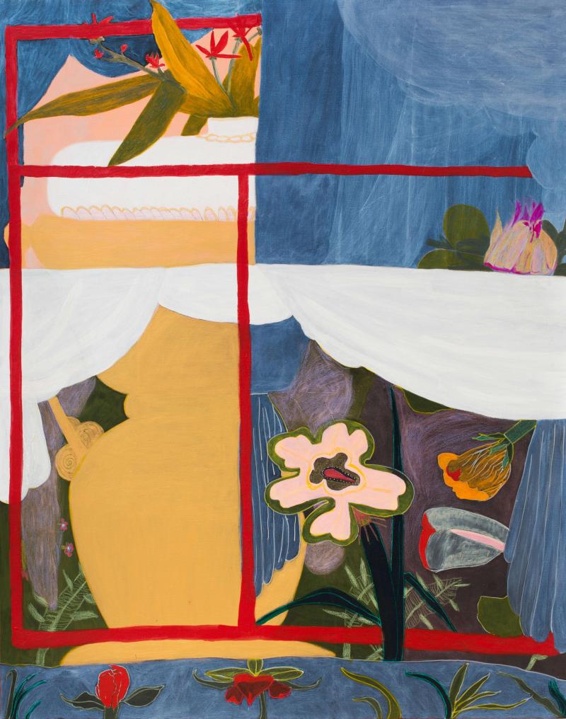 Windowsill view of a garden and flower bed