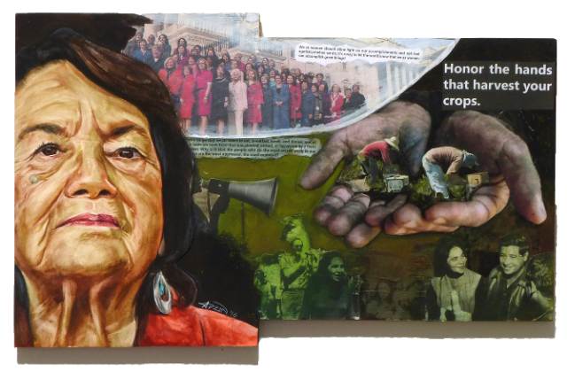 a collage with different images of Dolores Huerta and the words "honr the hands that harvest your crops"