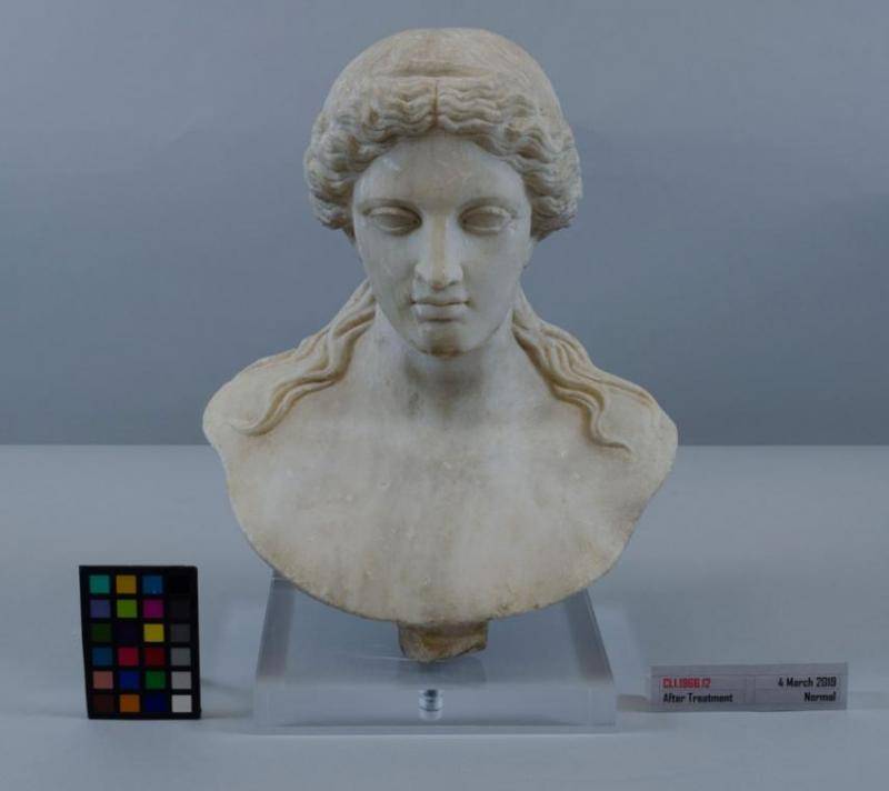 The bust after treatment showing the marble is cleaner