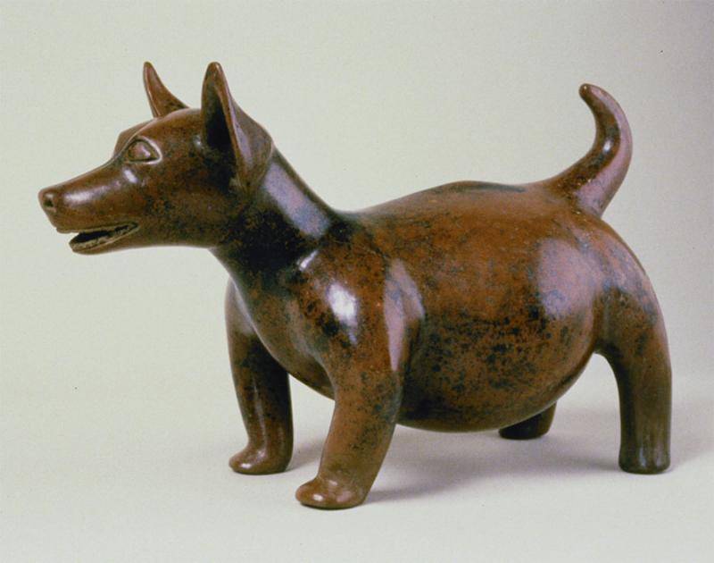 Image of a 10 x 16 inch ceramic statue of a hairless Colima dog.