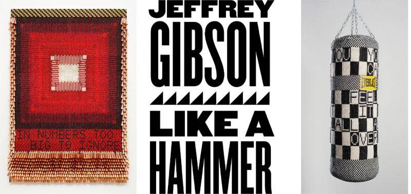3 images left to right: Beaded wall hanging, Jeffrey Gibson Like a Hammer logo, beaded punching bag
