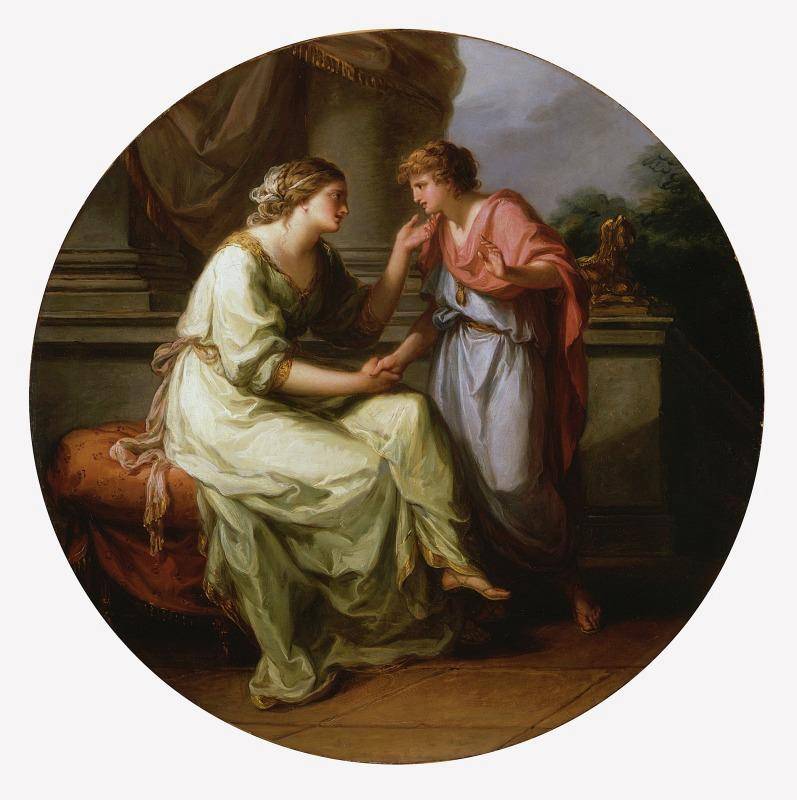 a painting depicting a mother and her son in ancient Roman dress in an interior with classical architectural details such as a massive stone column and a sculpture in the form of a sphinx