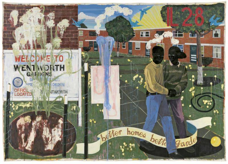 painting of two black people next to buildings and a sign that reads Welcome to Wentworth Gardens; below there is a ribbon with the words Better Homes, Better Gardens