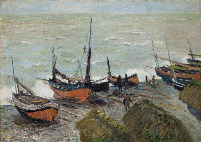 impressionist painting of a row of fishing boats and fishermen on a beach
