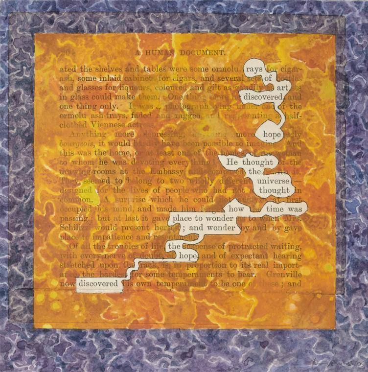 Tom Phillips, Humument Fragment: Rays of Art Discovered Hope, 2005. Watercolor on paper. Collection of JoAnn Gonzalez Hickey. © Tom Phillips