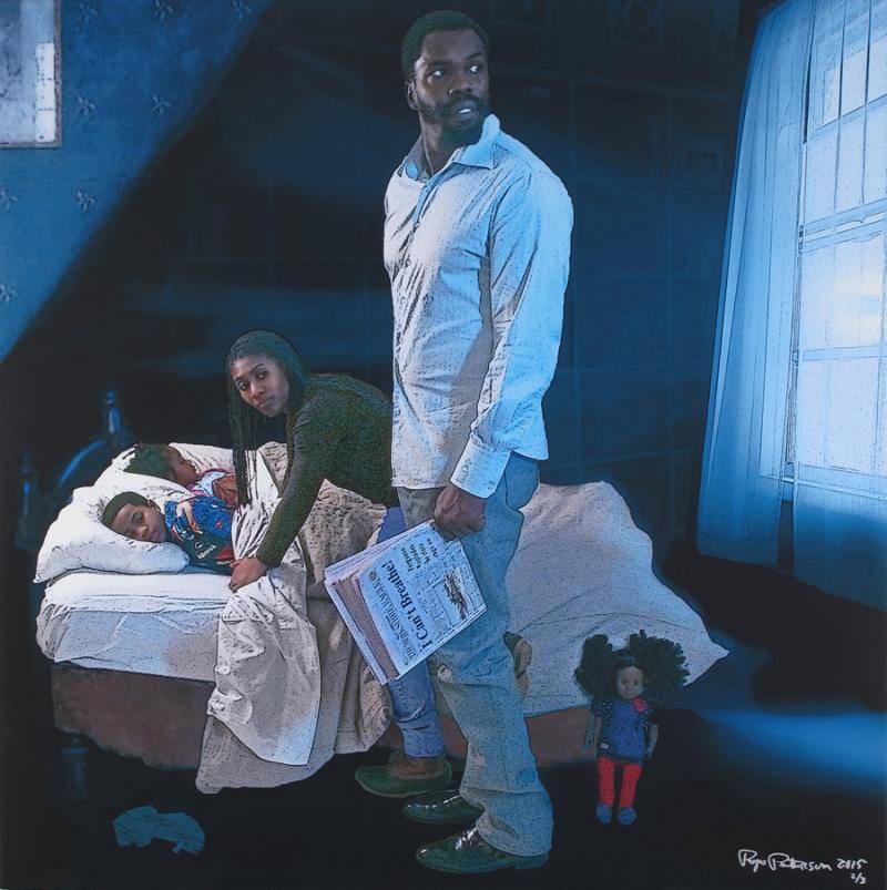a Black mother and father tuck their children into bed while the father is holding a newspaper with the headline I Can't Breathe