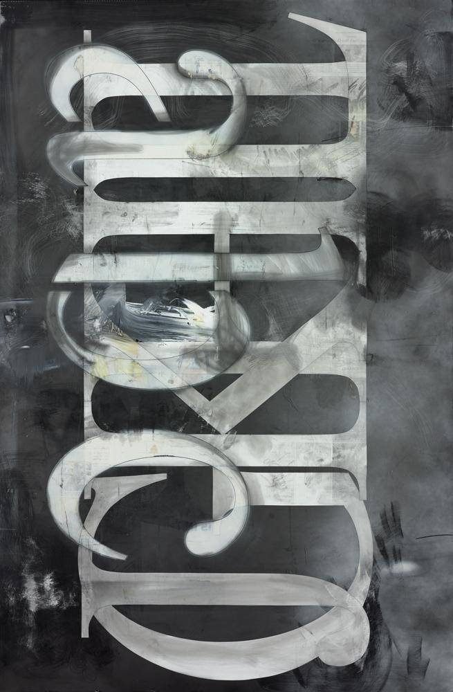 Dan Shaw-Town, Untitled, 2014. Spray enamel, newspaper ink, and graphite on Econolite with steel frame; 72-1/2 × 48-1/2 in. Collection of JoAnn Gonzalez Hickey. © Dan Shaw-Town