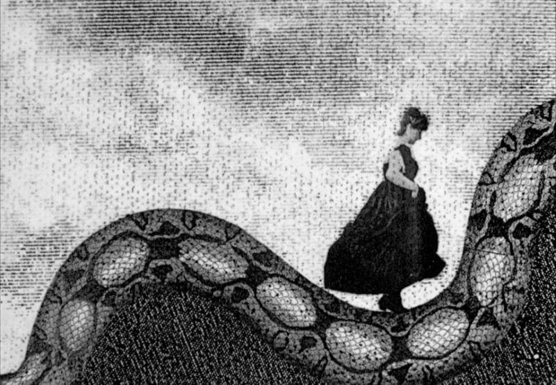 Black and white woodprint image of woman walking along the back of a large snake