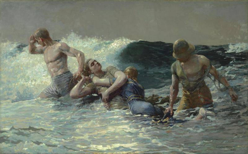 Evening scene of several people struggling in waist-high surf