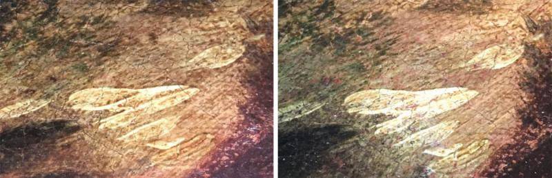close up look at part of The Virgin of Valvanera painting with discolored varnish compared to the same portion when varnish was reduced