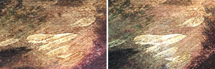 close up look at part of The Virgin of Valvanera painting with discolored varnish compared to the same portion when varnish was reduced
