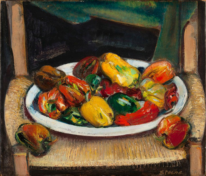 A painting of red, yellow, and green bell peppers in a bowl on a chair